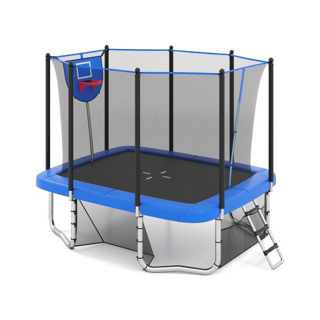 Blue rectangular trampoline with enclosure, basketball hoop, ladder and soccer goal
