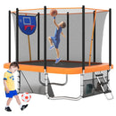 Orange rectangular trampoline with basketball hoop and soccer goal