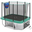 Green rectangular trampoline with enclosure and ladder