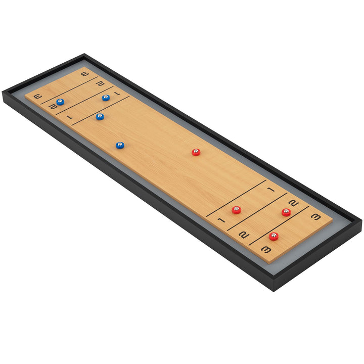 Tabletop shuffleboard side with four red and four blue pucks
