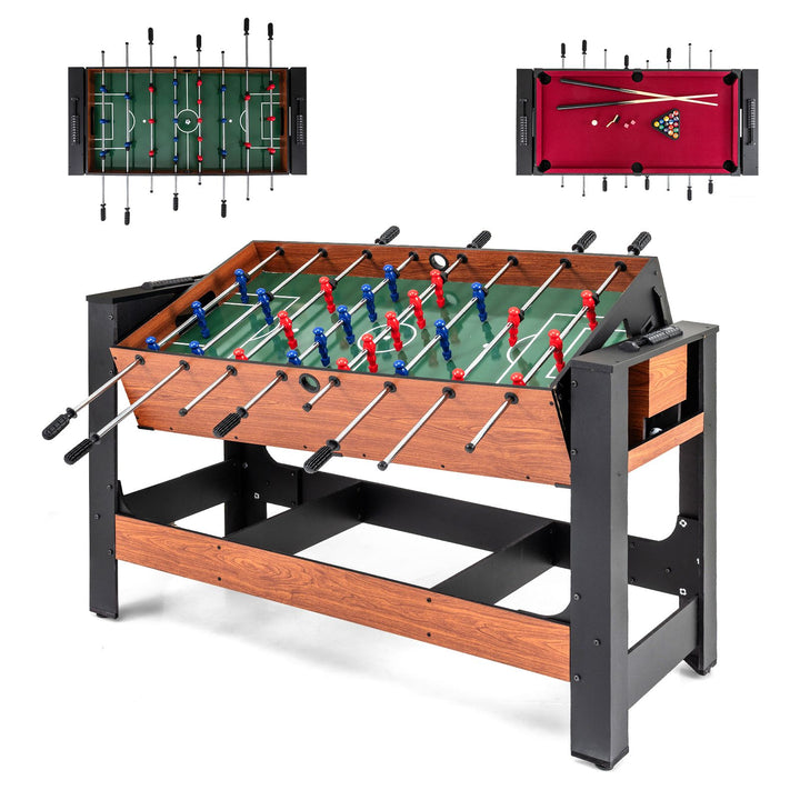 Brown UY10274 swivel table shown in foosball and pool positions; one table