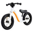 White and orange 12-inch balance bike with black pneumatic tyres and planet artwork