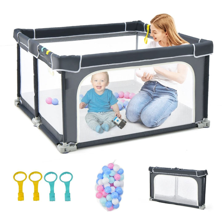 124 cm Folding Mesh Playpen with Balls and Pull Rings – Dark Grey – product view