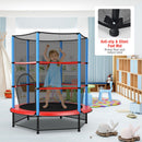 140 cm Toddler Trampoline with Enclosure Net – indoor use and foot cap detail