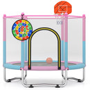 Pink and light-blue trampoline with basketball hoop and target