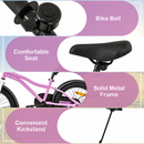 18-Inch Kids Bike with Training Wheels – Purple – Bell, saddle, frame and kickstand details