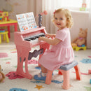 25-Key Pink Keyboard Piano with Stool and Microphone, seated play view