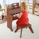 Brown 25-key upright toy piano and stool with light-up keys, view 1