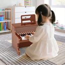 Brown 25-key upright toy piano with light-up teaching keys, view 1