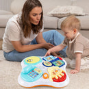 Parent supervising white floor-play tray