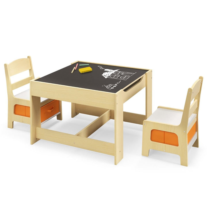 3-in-1 Kids Activity Table and Two Chairs with Storage – Natural table and two chairs