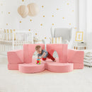 Pink eight-piece modular kids play sofa, supervised play arrangement