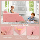 Pink eight-piece modular kids play sofa, connecting zips and cover details