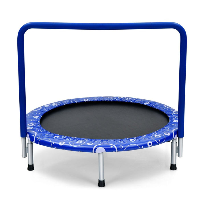 Blue folding trampoline with padded handle