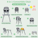 Grey convertible high chair, illustrated seating and table configurations