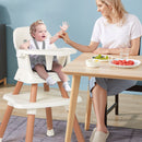 Khaki convertible high chair, family mealtime setting
