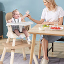 Coffee convertible high chair, family mealtime setting