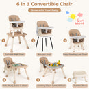 Coffee convertible high chair, illustrated seating and table configurations