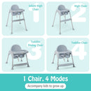 Grey convertible high chair with removable double tray - product and configuration details
