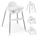 White convertible high chair with removable double tray - product and configuration details