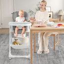 Grey folding high chair, family mealtime setting