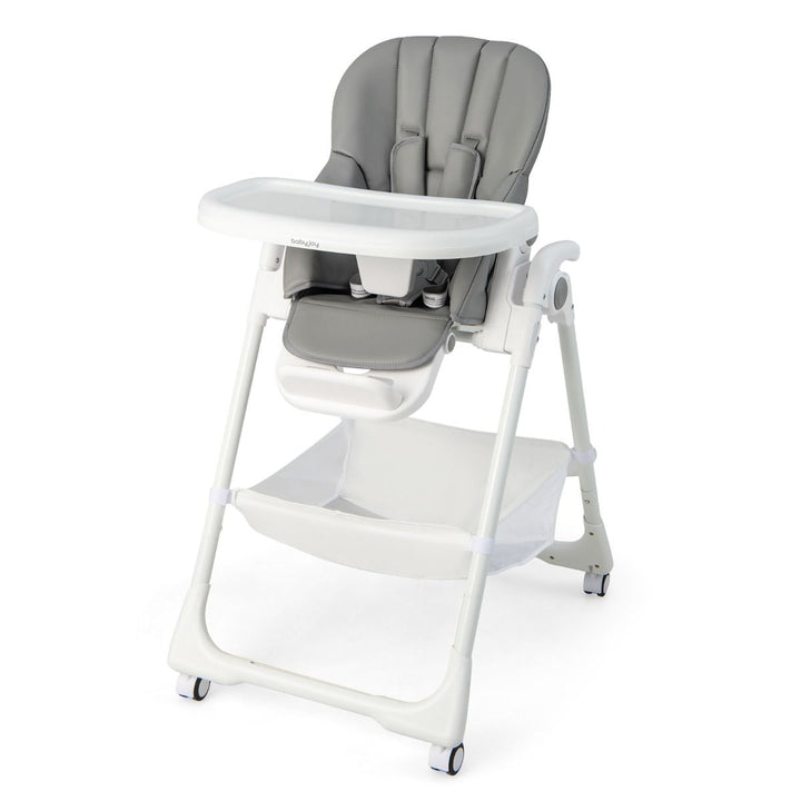 Grey folding high chair, whole chair with tray and cushion