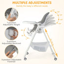 Grey folding high chair, height, backrest and footrest adjustments