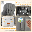 Grey folding high chair, removable cushion, harness and visible fall-hazard label
