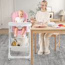 Pink folding high chair, family mealtime setting