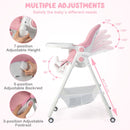Pink folding high chair, height, backrest and footrest adjustments