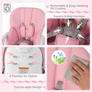 Pink folding high chair, removable cushion, harness and visible fall-hazard label