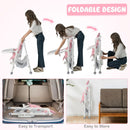 Pink folding high chair, folding sequence and storage view