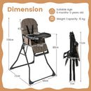 Khaki folding high chair with adjustable tray and footrest - dimensions