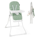 Green folding high chair with adjustable tray and footrest - product and configuration details