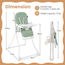 Green folding high chair with adjustable tray and footrest - dimensions