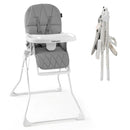 Grey folding high chair with adjustable tray and footrest - product and configuration details