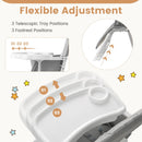 Grey folding high chair with adjustable tray and footrest - product and configuration details