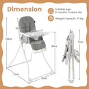 Grey folding high chair with adjustable tray and footrest - dimensions