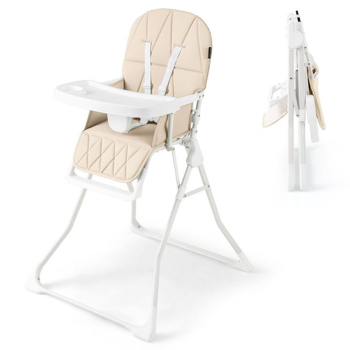 Beige folding high chair with adjustable tray and footrest - product and configuration details