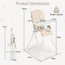 Beige folding high chair with adjustable tray and footrest - dimensions