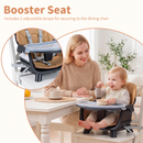 Booster seat fitted to an adult chair with two adjustable attachment straps