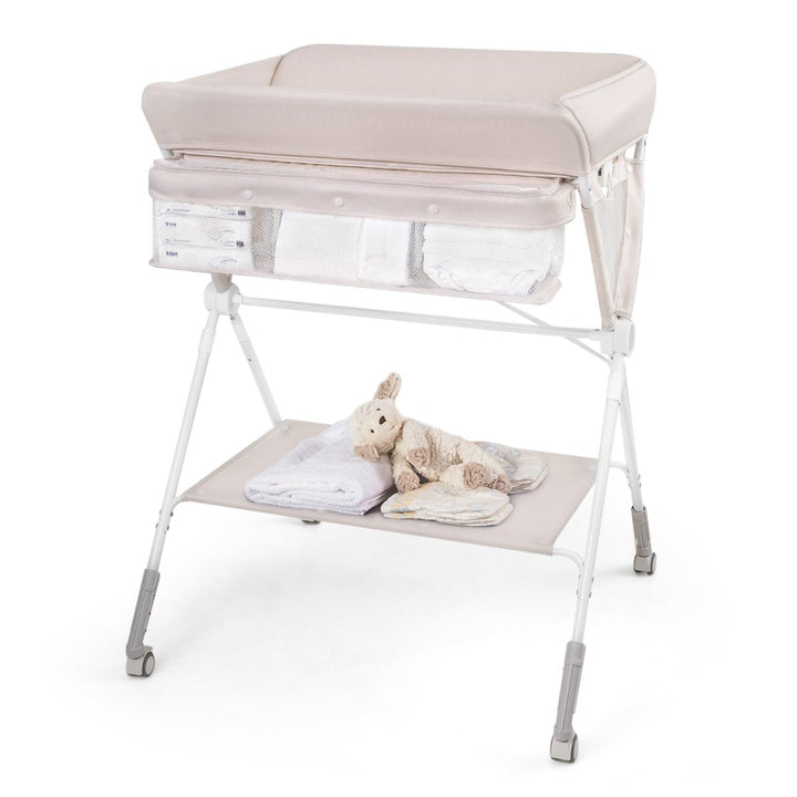 Adjustable Folding Baby Change Table with Wheels – beige changing table with side storage