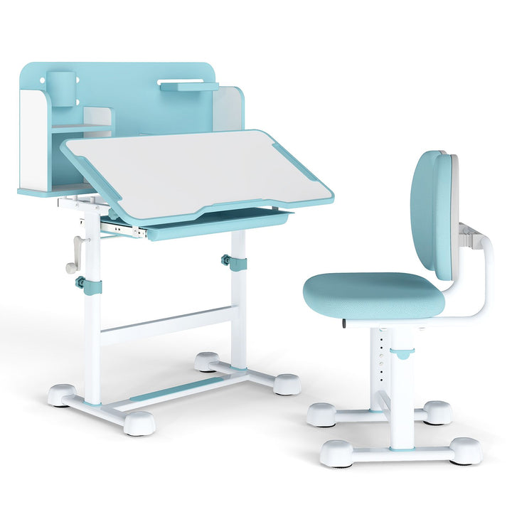 Adjustable Kids Study Desk and Padded Chair Set with Hutch, Blue, view 3