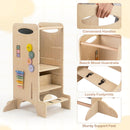 Adjustable Wooden Activity Tower with Chalkboard and Games – handholds guardrails and support feet