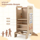 Adjustable Wooden Activity Tower with Chalkboard and Games – three platform height settings
