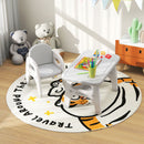 Grey dinosaur table and one chair: in a playroom