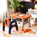Orange dinosaur table and one chair: in a playroom