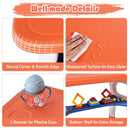 Orange dinosaur table and one chair: rounded tabletop, wipe-clean surface, cup recesses and storage shelf details