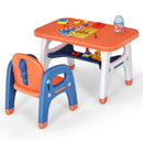 Orange dinosaur table and one chair: rear chair and storage shelf view