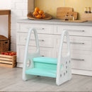 Blue option step stool with pale aqua steps beside a kitchen cabinet